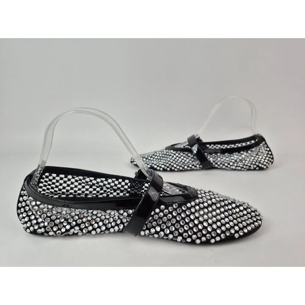 Alaïa Womens Black Crystal Embellished Mesh Patent Ballerina Flats Size 42 Alaia
